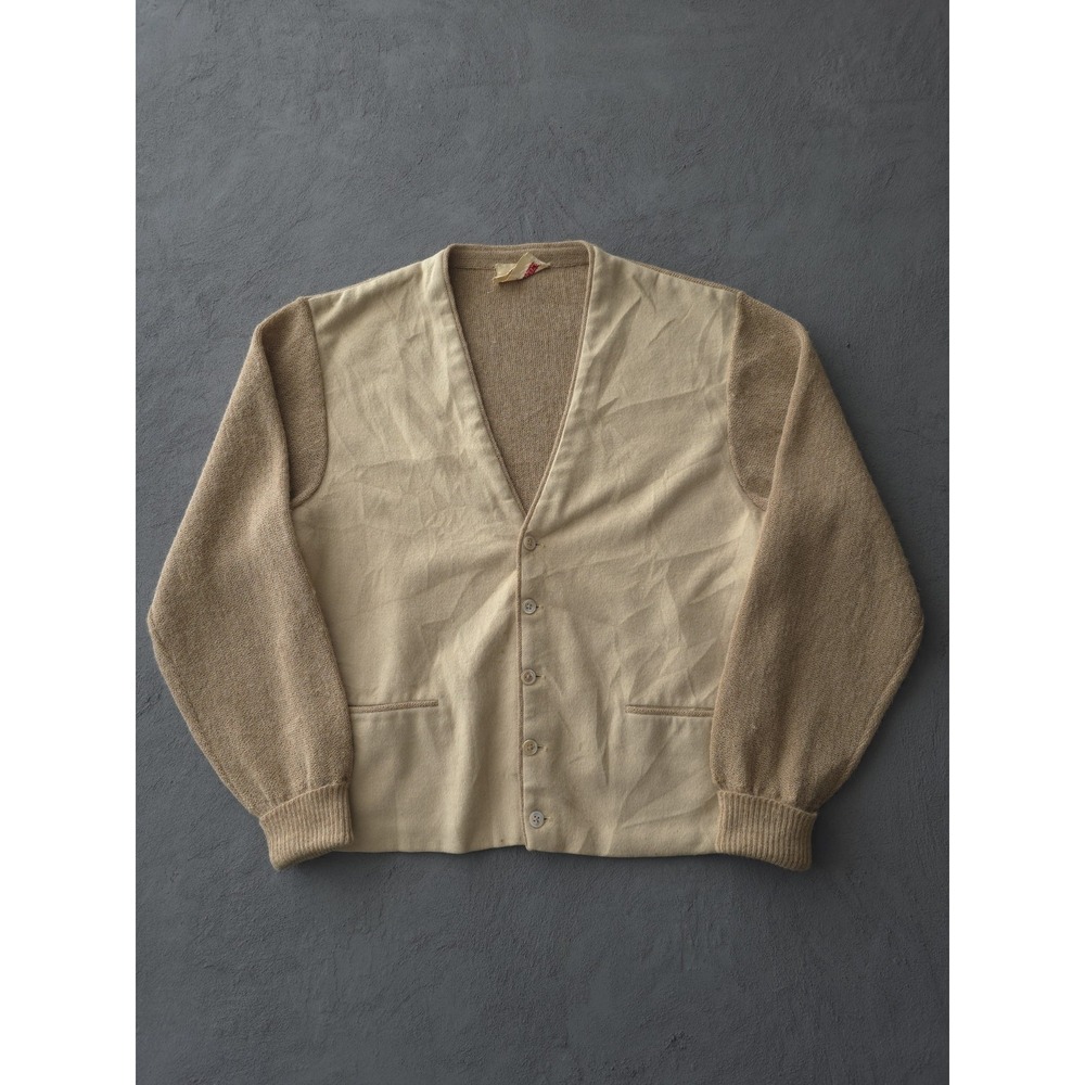 Vintage 1960s Saks Fifth Avenue Beige Suede‎ Front Wool Cardigan Sweater M